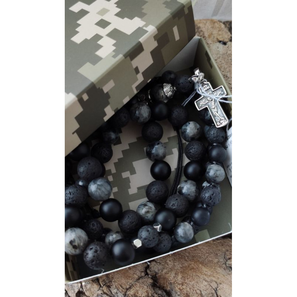 Подарунковий набір для військового чотки та браслет з натурального каміння 