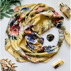 Дизайнерська шовкова хустка My Scarf "Золотий сад" 90 на 90 см, Преміум ВІП колекція