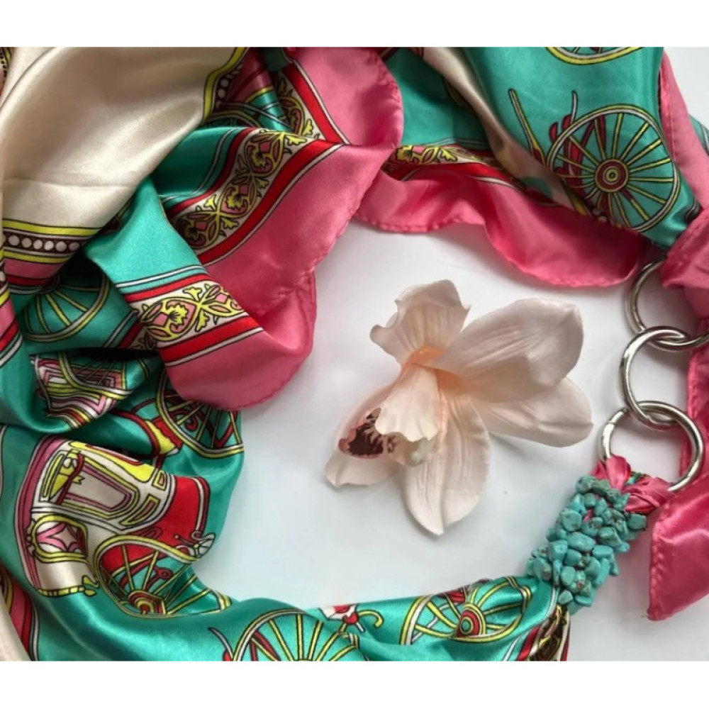 Дизайнерська шовкова хустка My Scarf "Бірюзове сяйво" 90 на 90 см, оздоблена камінням