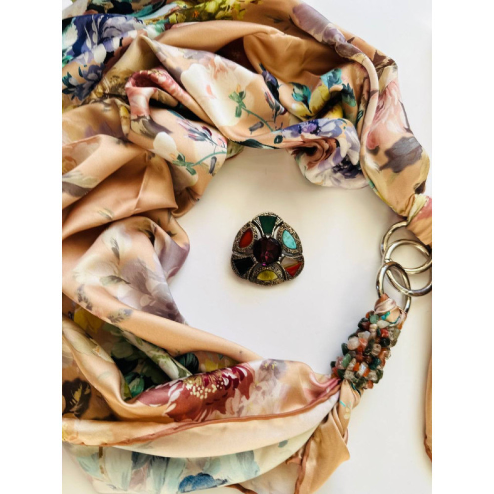 Дизайнерська шовкова хустка My Scarf "Квіти Парижу" 90 на 90 см прикрашена натуральною яшмою