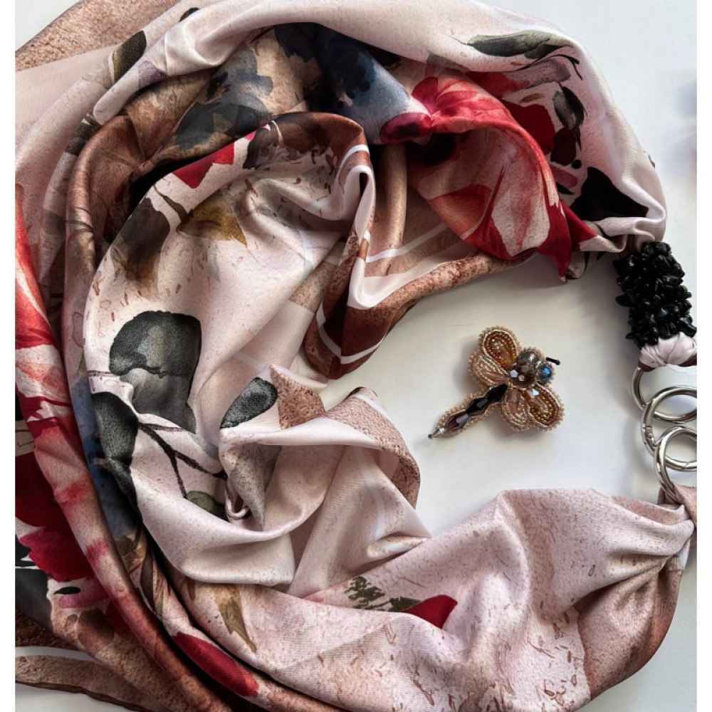 Дизайнерська шовкова хустка My Scarf "Квітка кохання" 90 на 90 см  з каменем гранат