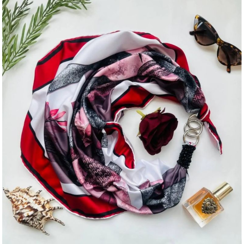 Дизайнерська шовкова хустка My Scarf «Червоне  то любов» 90 на 90 см, прикрашена камінням