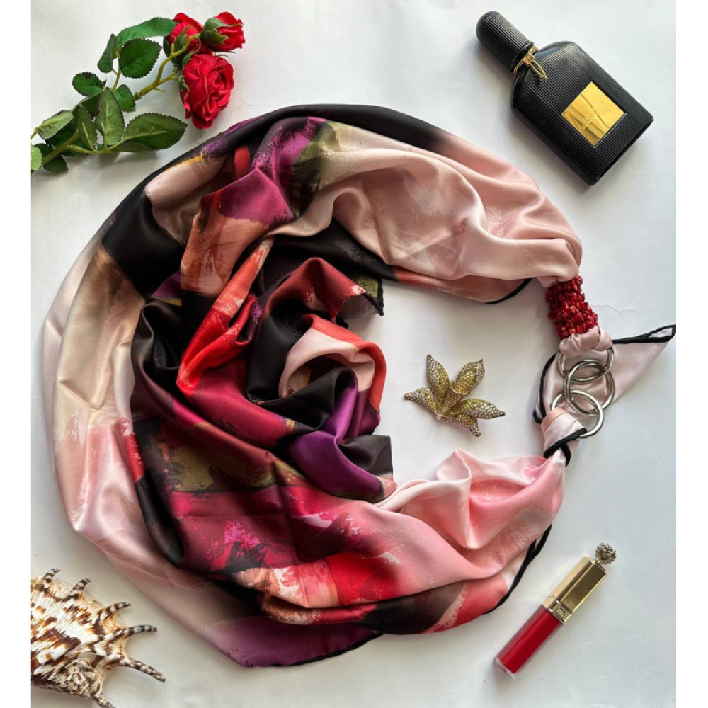 Дизайнерська шовкова хустка My Scarf "Серце красуні" 90 на 90 см прикрашений  натуральним коралом