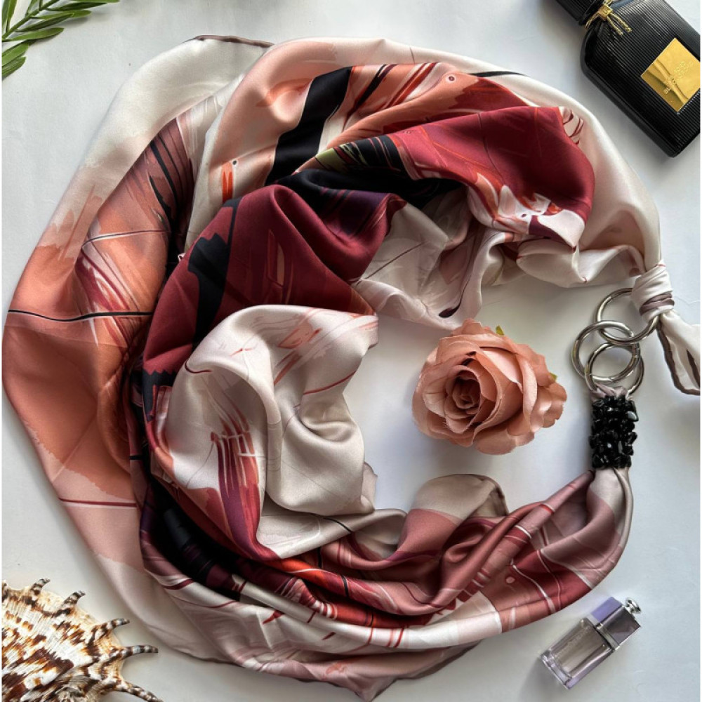 Дизайнерська шовкова хустка My Scarf "Шоколадна пристрасть" 90 на 90 см прикрашений  натуральним агатом