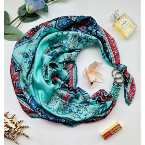 Дизайнерська шовкова хустка My Scarf "Яскраві мрії" 90 на 90 см, оздоблена камінням бірюза