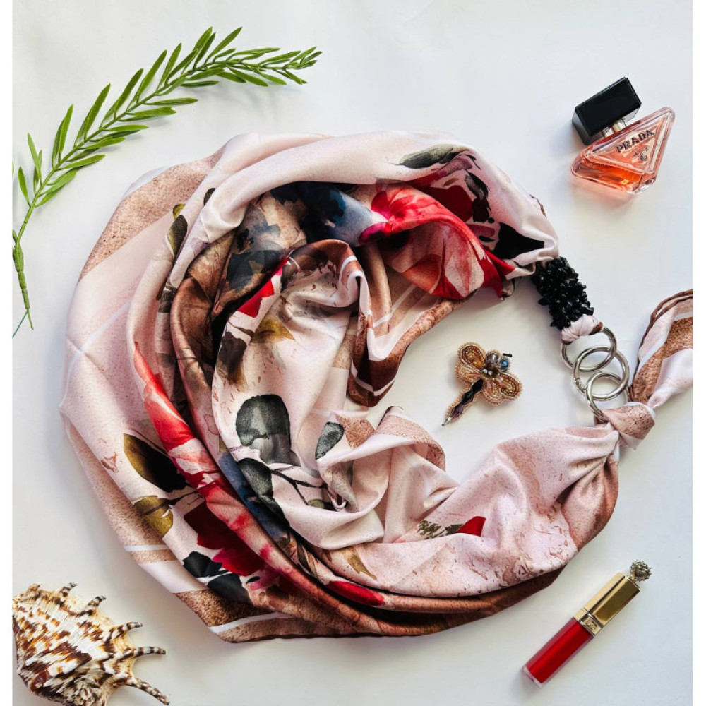 Дизайнерська шовкова хустка My Scarf "Квітка кохання" 90 на 90 см  з каменем гранат