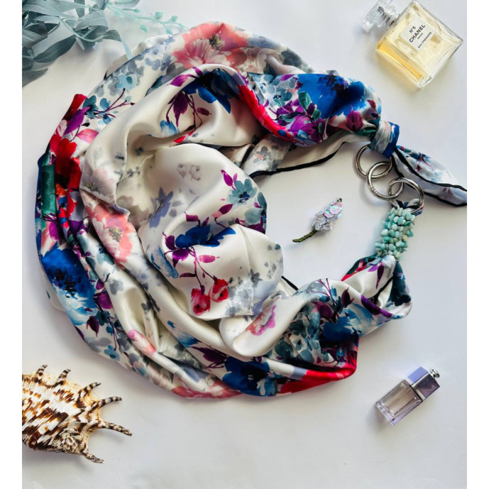 Дизайнерська шовкова хустка My Scarf "Весняний сад" 90 на 90 см  з каменем амазоніт