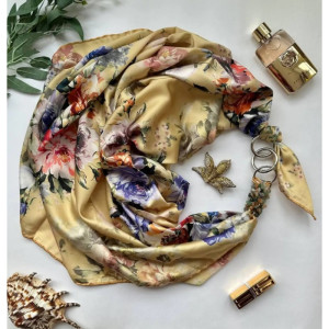 Дизайнерська шовкова хустка My Scarf "Золотий сад" 90 на 90 см, Преміум ВІП колекція