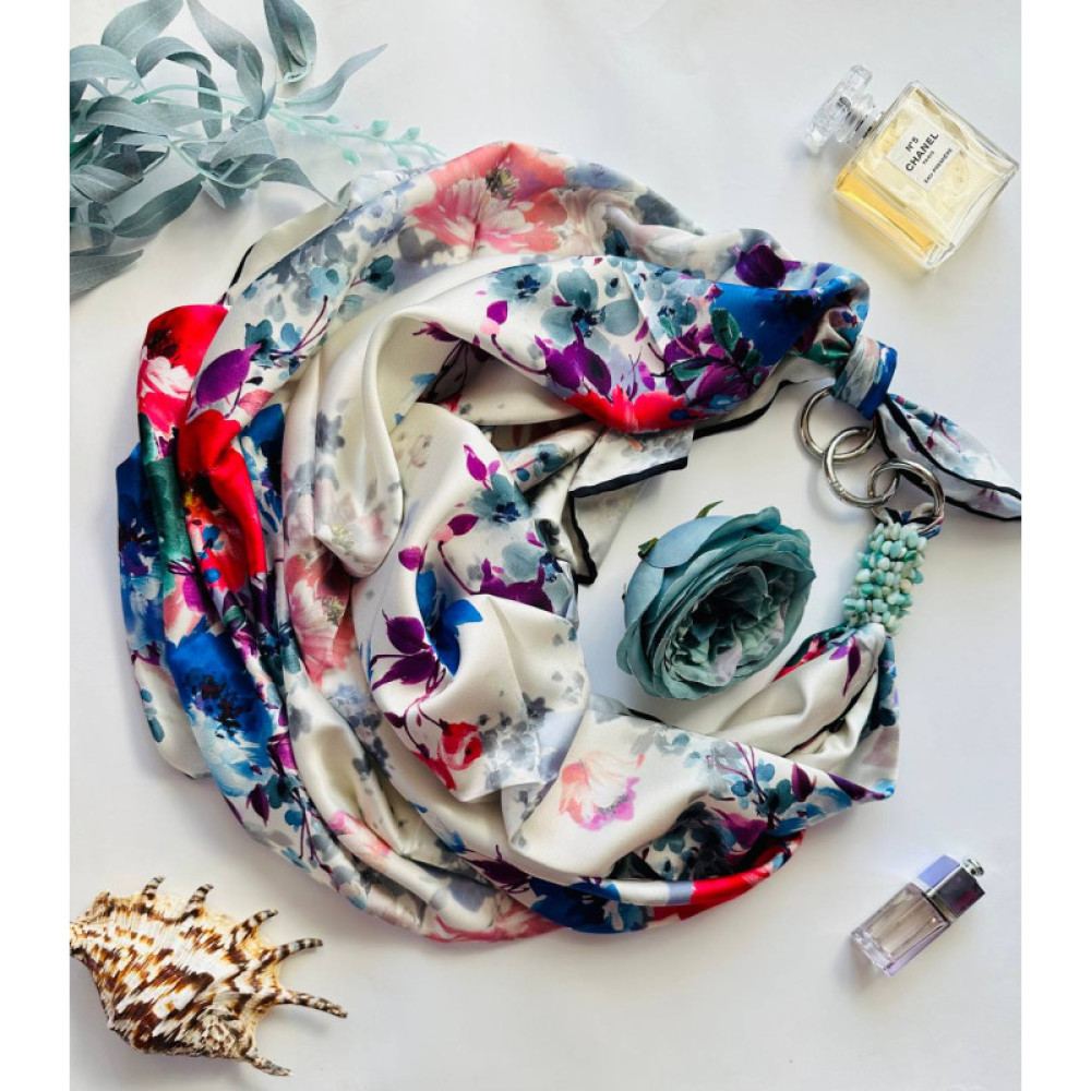 Дизайнерська шовкова хустка My Scarf "Весняний сад" 90 на 90 см  з каменем амазоніт