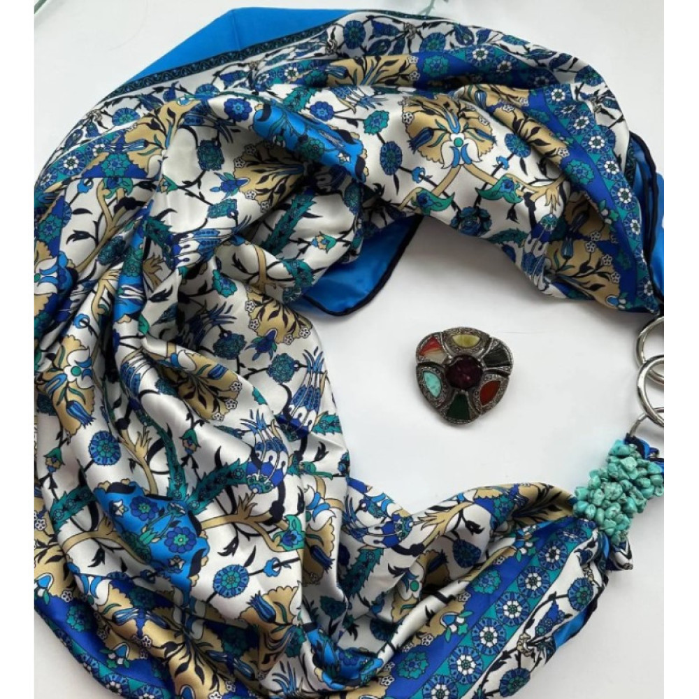 Дизайнерська шовкова хустка My Scarf "Квіткова палітра" 90 на 90 см, оздоблена камінням бірюза