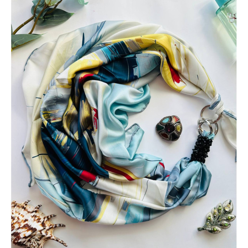 Дизайнерська шовкова хустка My Scarf "Морський бриз" 90 на 90 см прикрашений  натуральним агатом