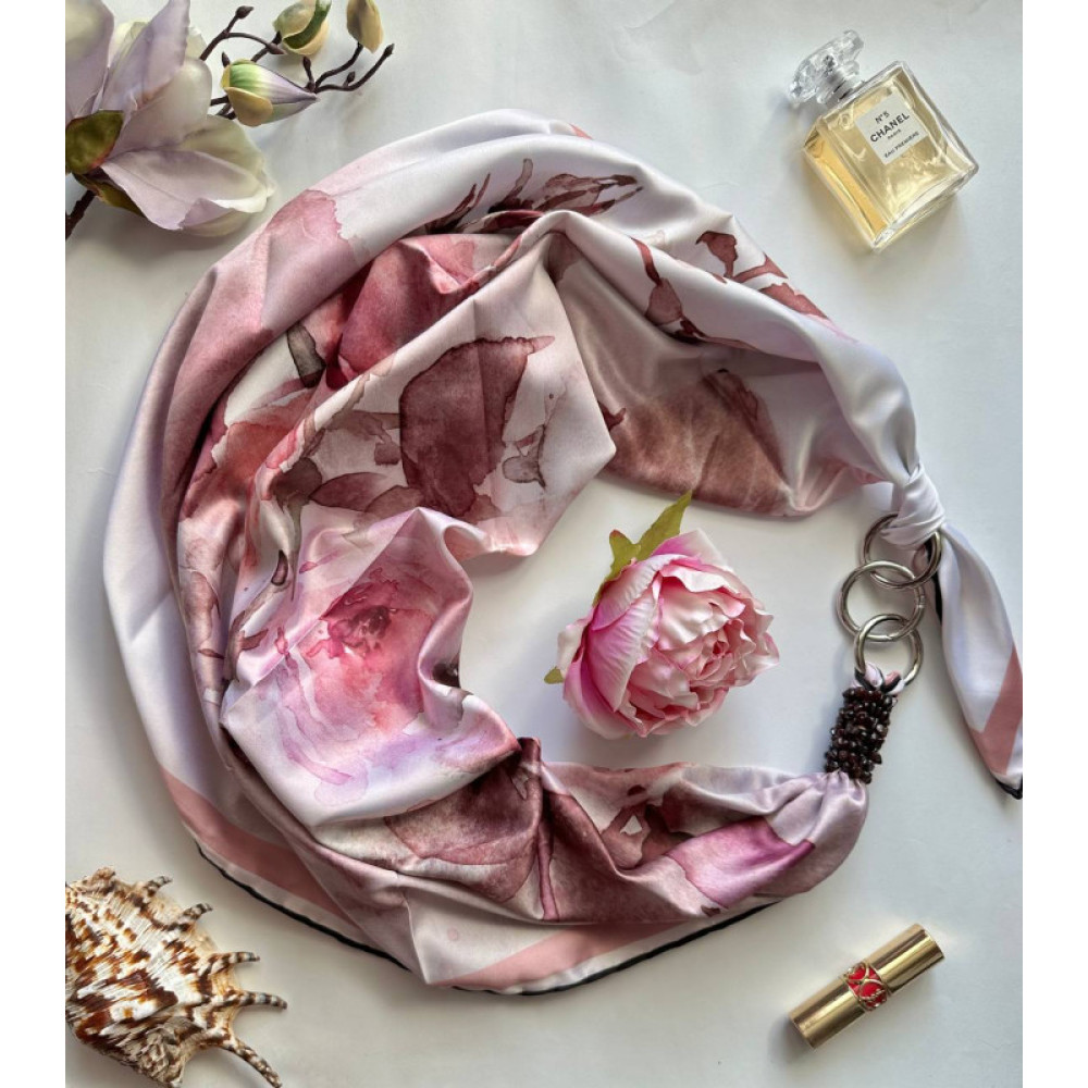 Дизайнерська шовкова хустка My Scarf "Рожева троянда" 90 на 90 см  з каменем гранат