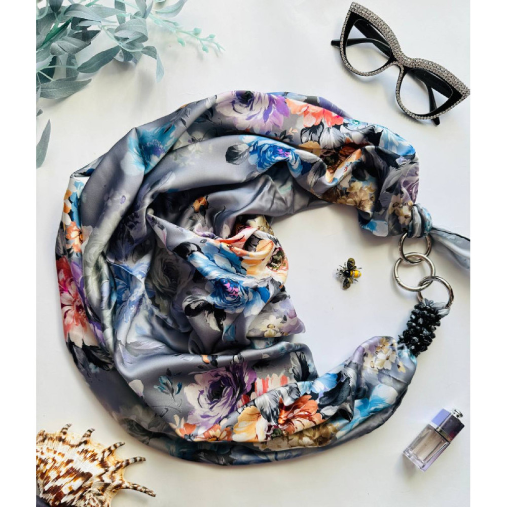 Дизайнерська шовкова хустка My Scarf "Срібна казка" 90 на 90 см з натуральним сніжним обсидіаном