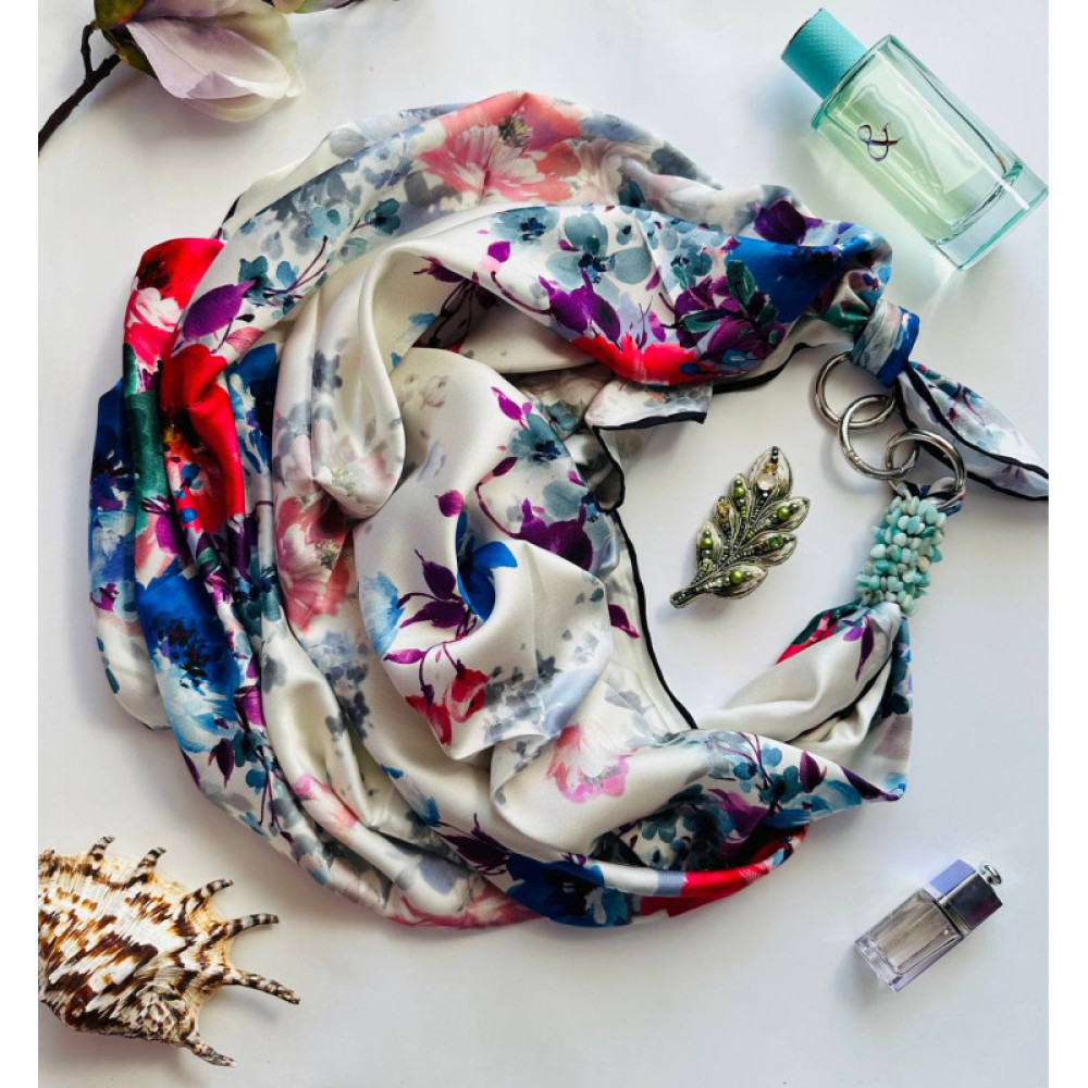 Дизайнерська шовкова хустка My Scarf "Весняний сад" 90 на 90 см  з каменем амазоніт