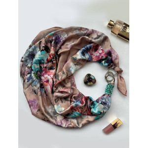 Дизайнерська шовкова хустка My Scarf "Рожеве капучино" 90 на 90 см прикрашена натуральним каменем бірюза, 90 на 90 см