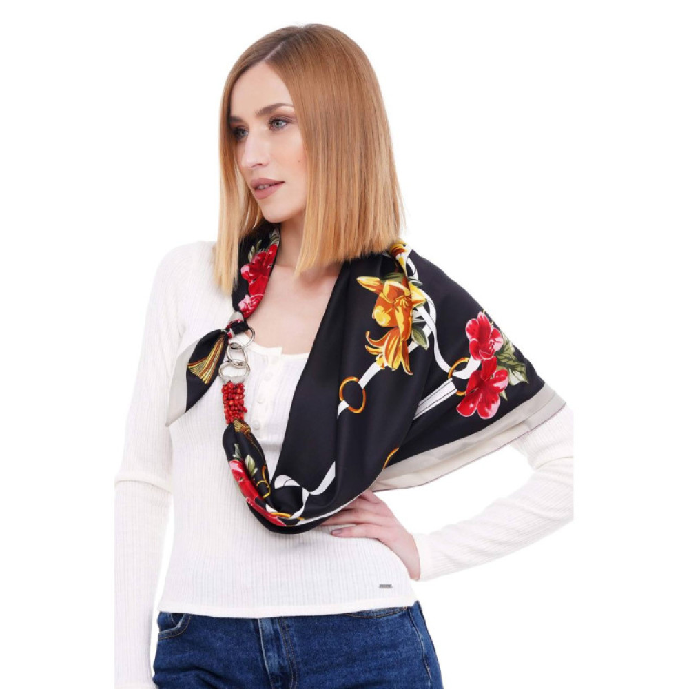 Дизайнерська шовкова хустка My Scarf "Квіткова галактика" 90 на 90 см прикрашений  натуральним родонітом