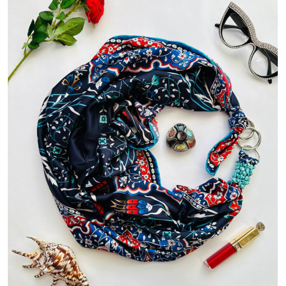 Дизайнерська шовкова хустка My Scarf "Карнавал пристрастей" 90 на 90см прикрашений  натуральною бірюзою