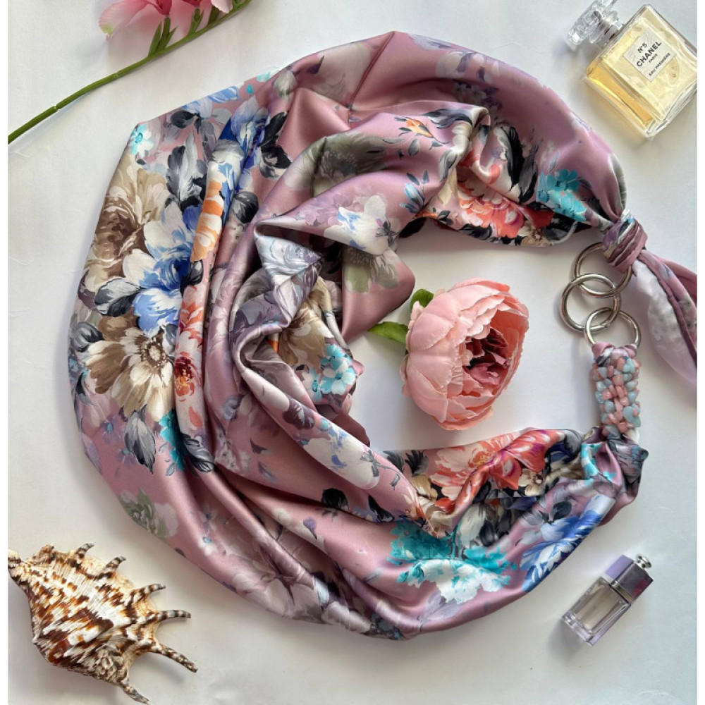 Дизайнерська шовкова хустка My Scarf "Рожева перлина" 90 на 90 см  з каменем рожевий кварц і амазоніт