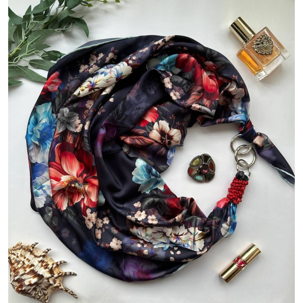 Дизайнерська шовкова хустка My Scarf "Українська ніч" 90 на 90 см, Преміу ВІП колекція, прикрашена коралом
