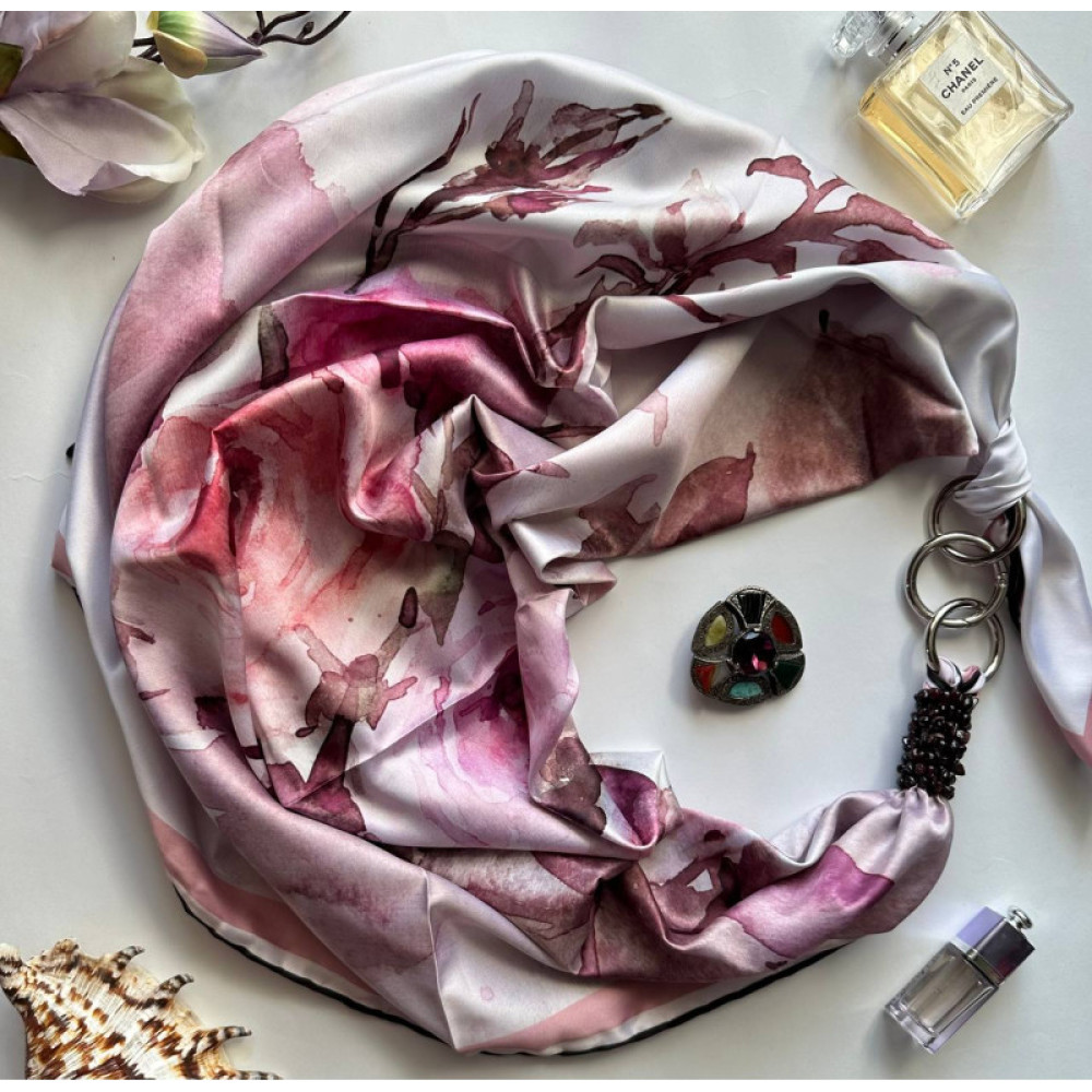Дизайнерська шовкова хустка My Scarf "Рожева троянда" 90 на 90 см  з каменем гранат