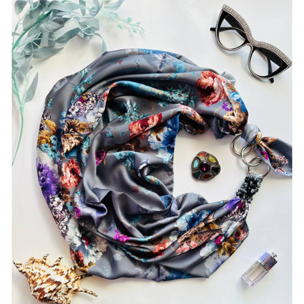 Дизайнерська шовкова хустка My Scarf "Срібний сад" 90 на 90 см з натуральним сніжним обсидіаном