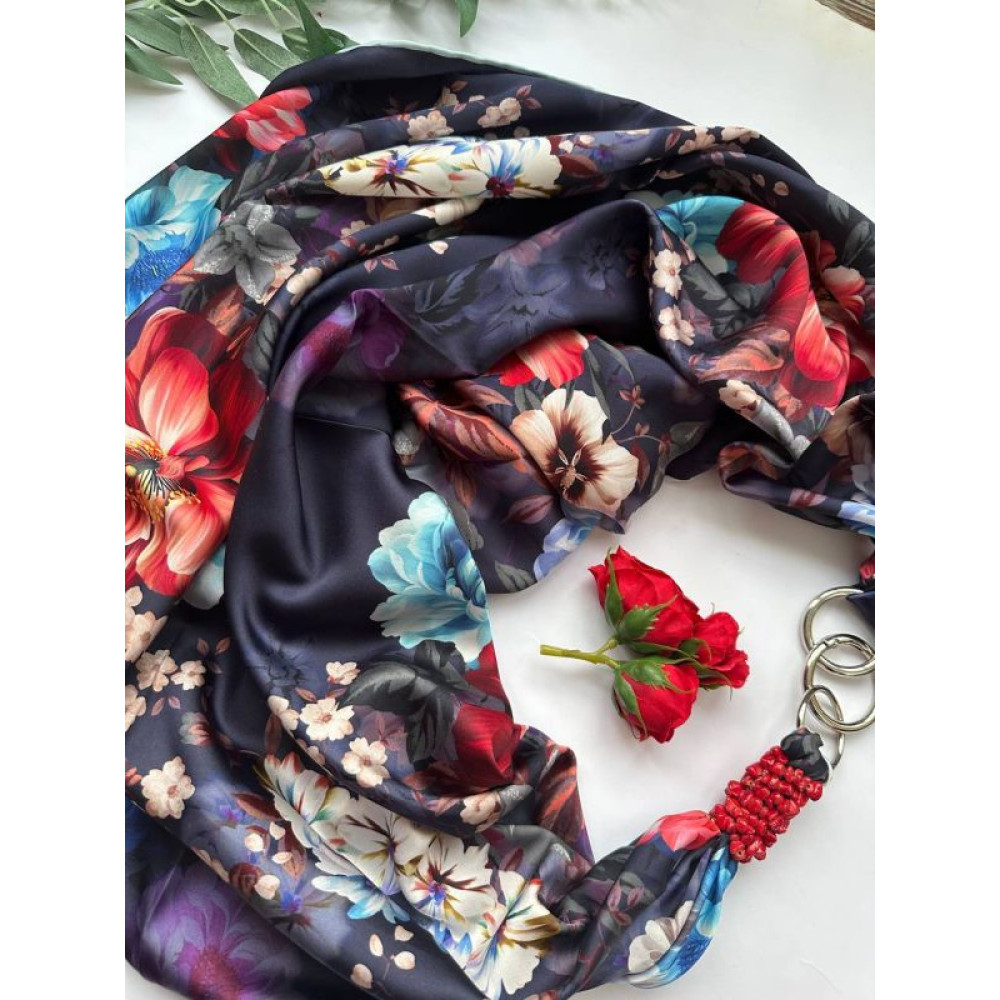 Дизайнерська шовкова хустка My Scarf "Українська ніч" 90 на 90 см, Преміу ВІП колекція, прикрашена коралом