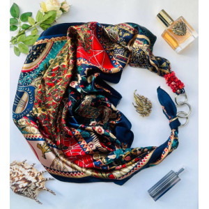 Дизайнерська хустка "Червоно-синій орнамент" від бренда My Scarf, прикрашена натуральним каменем