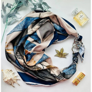 Дизайнерська шовкова хустка My Scarf "Ніжний світанок" 90 на 90 см, оздоблена камінням содаліт