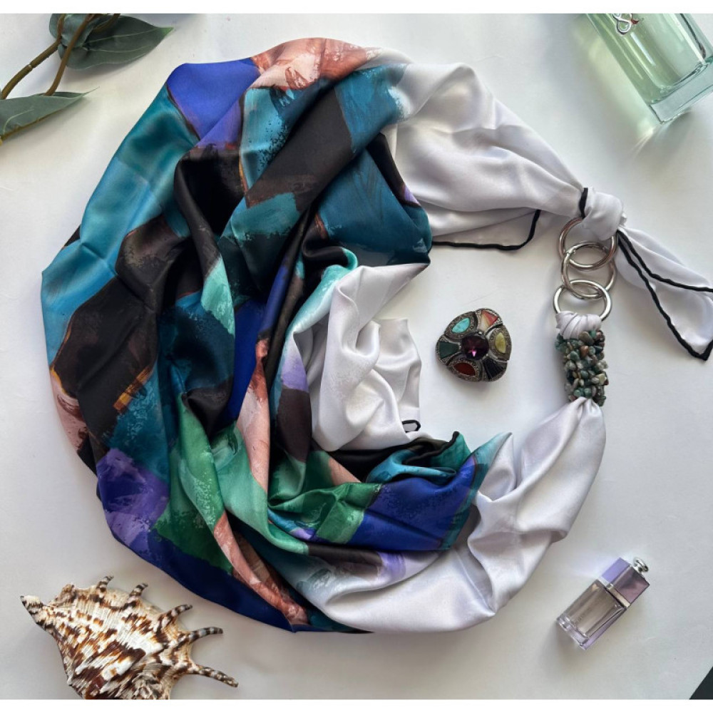 Дизайнерська шовкова хустка My Scarf "Блакитний океан" 90 на 90 см прикрашений  натуральною бірюзою