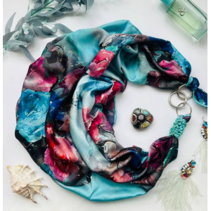 Дизайнерська хустка "Квіткова галактика" від бренда My Scarf, прикрашена натуральним каменем бірюза