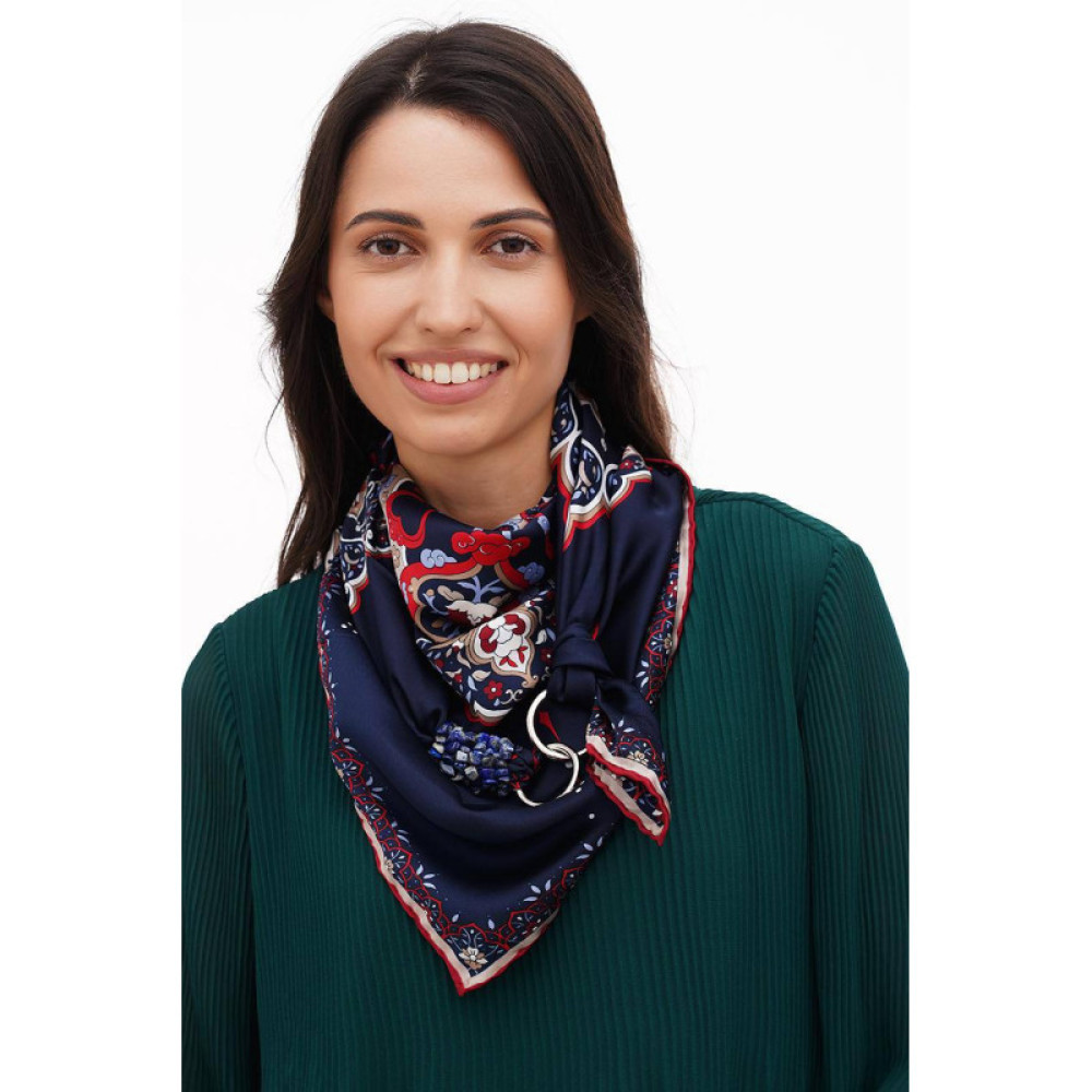 Дизайнерська шовкова хустка My Scarf "Карнавал пристрастей" 90 на 90см прикрашений  натуральною бірюзою