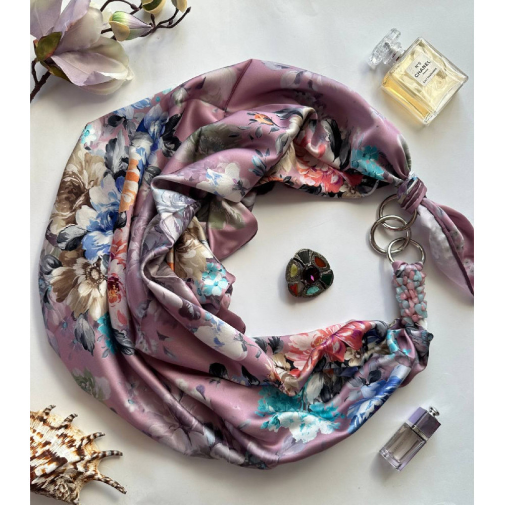 Дизайнерська шовкова хустка My Scarf "Рожева перлина" 90 на 90 см  з каменем рожевий кварц і амазоніт