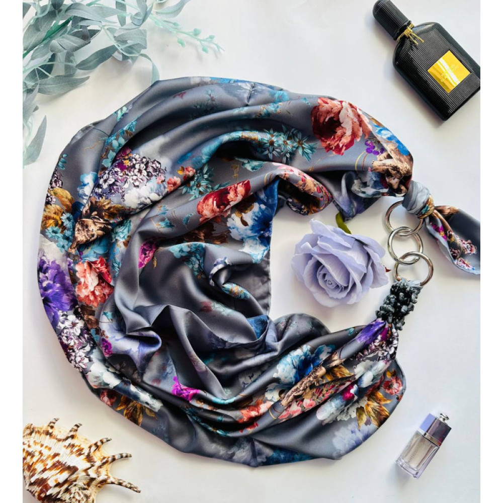 Дизайнерська шовкова хустка My Scarf "Срібний сад" 90 на 90 см з натуральним сніжним обсидіаном