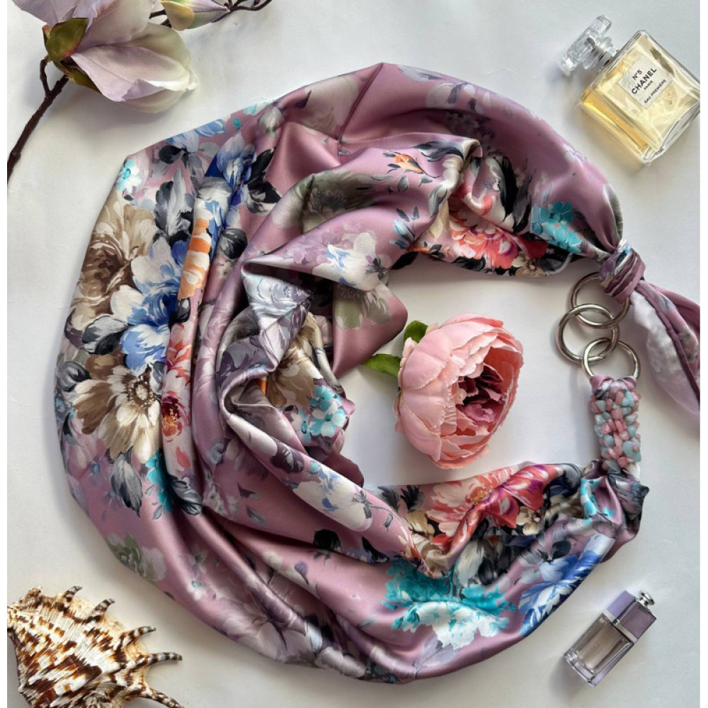 Дизайнерська шовкова хустка My Scarf "Рожева перлина" 90 на 90 см  з каменем рожевий кварц і амазоніт