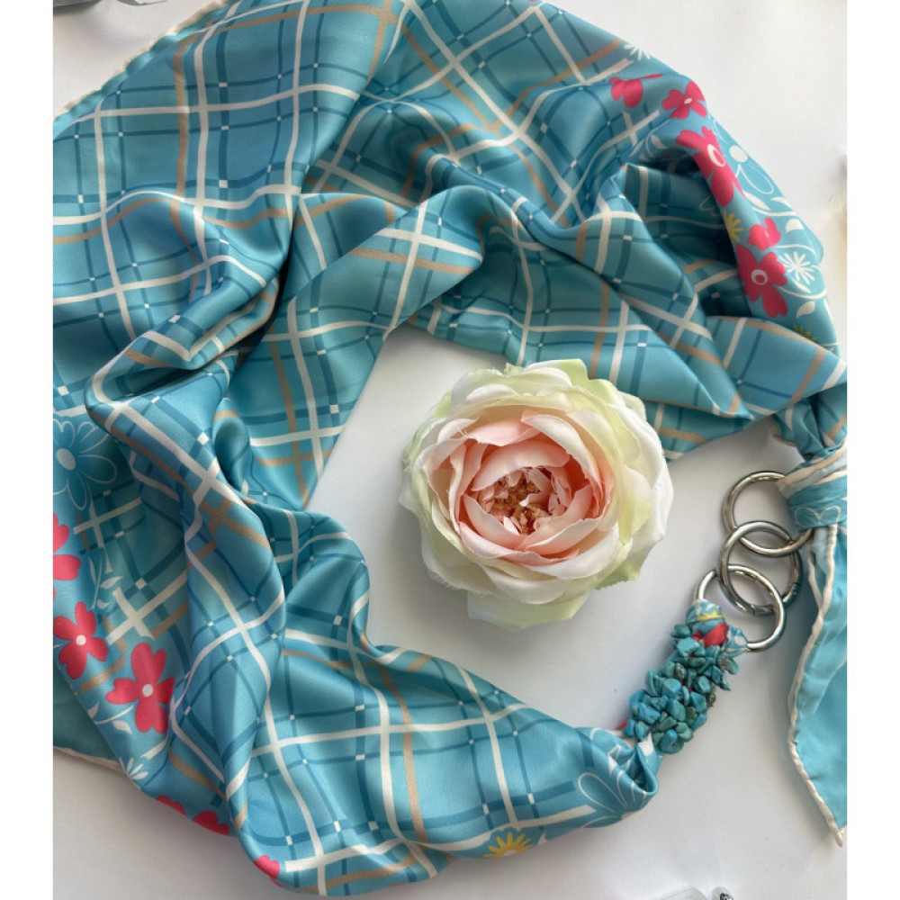 Дизайнерська шовкова хустка My Scarf "Ніжний поцілунок весни" 90 на 90см прикрашений  натуральною бірюзою