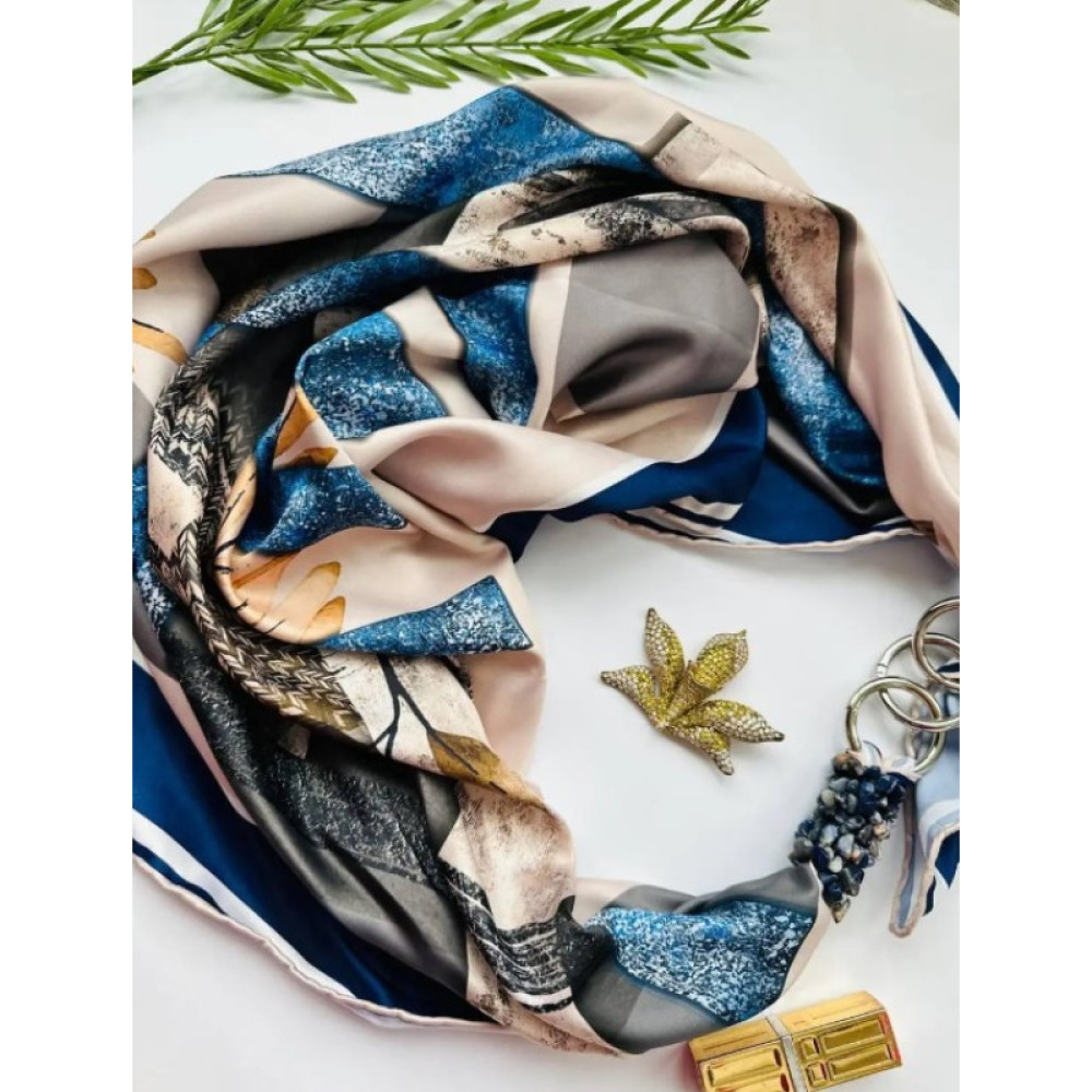 Дизайнерська шовкова хустка My Scarf "Ніжний світанок" 90 на 90 см, оздоблена камінням содаліт