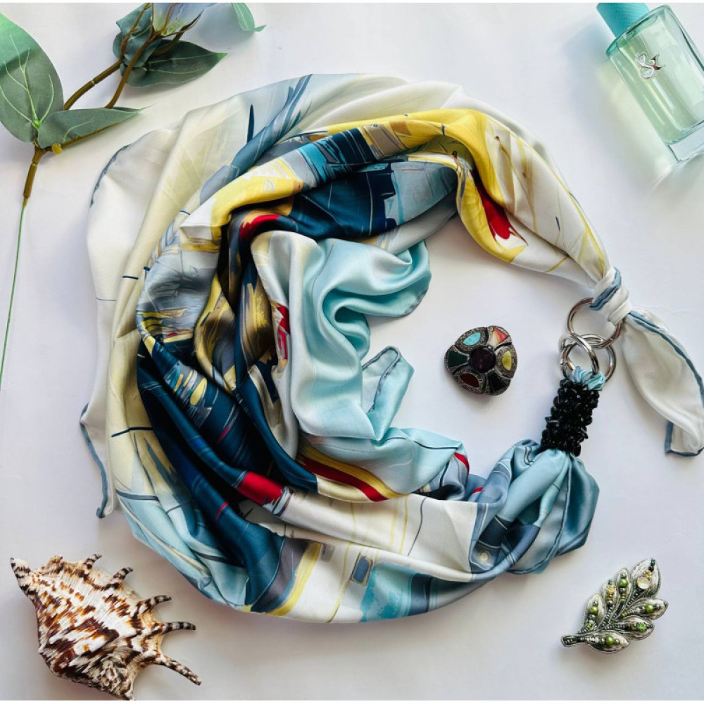 Дизайнерська шовкова хустка My Scarf "Морський бриз" 90 на 90 см прикрашений  натуральним агатом