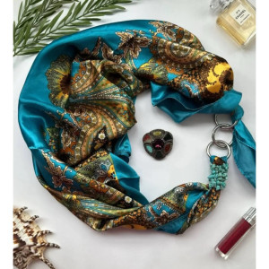 Дизайнерська шовкова хустка My Scarf "Бірюзові хвилі" 90 на 90 см, оздоблена камінням бірюза