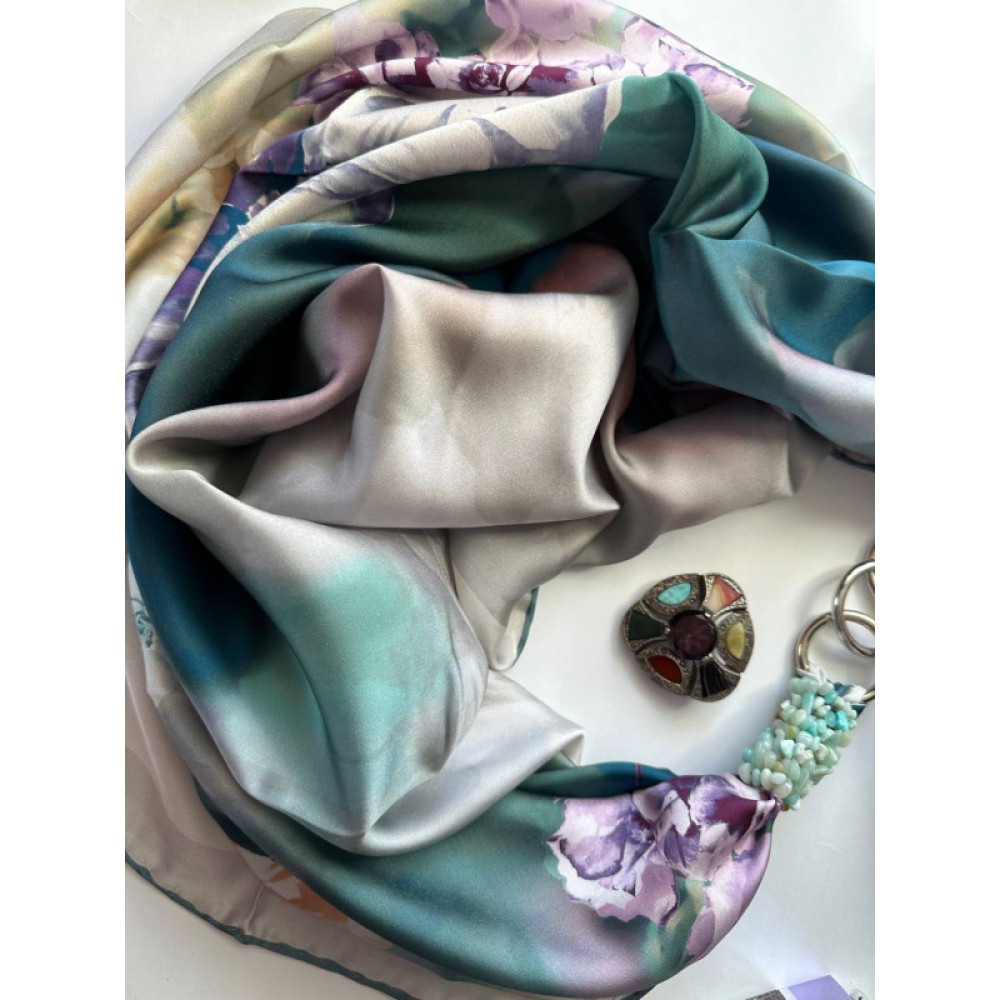 Дизайнерська шовкова хустка My Scarf "Бірюзовий риф" 90 на 90 см  з каменем амазоніт