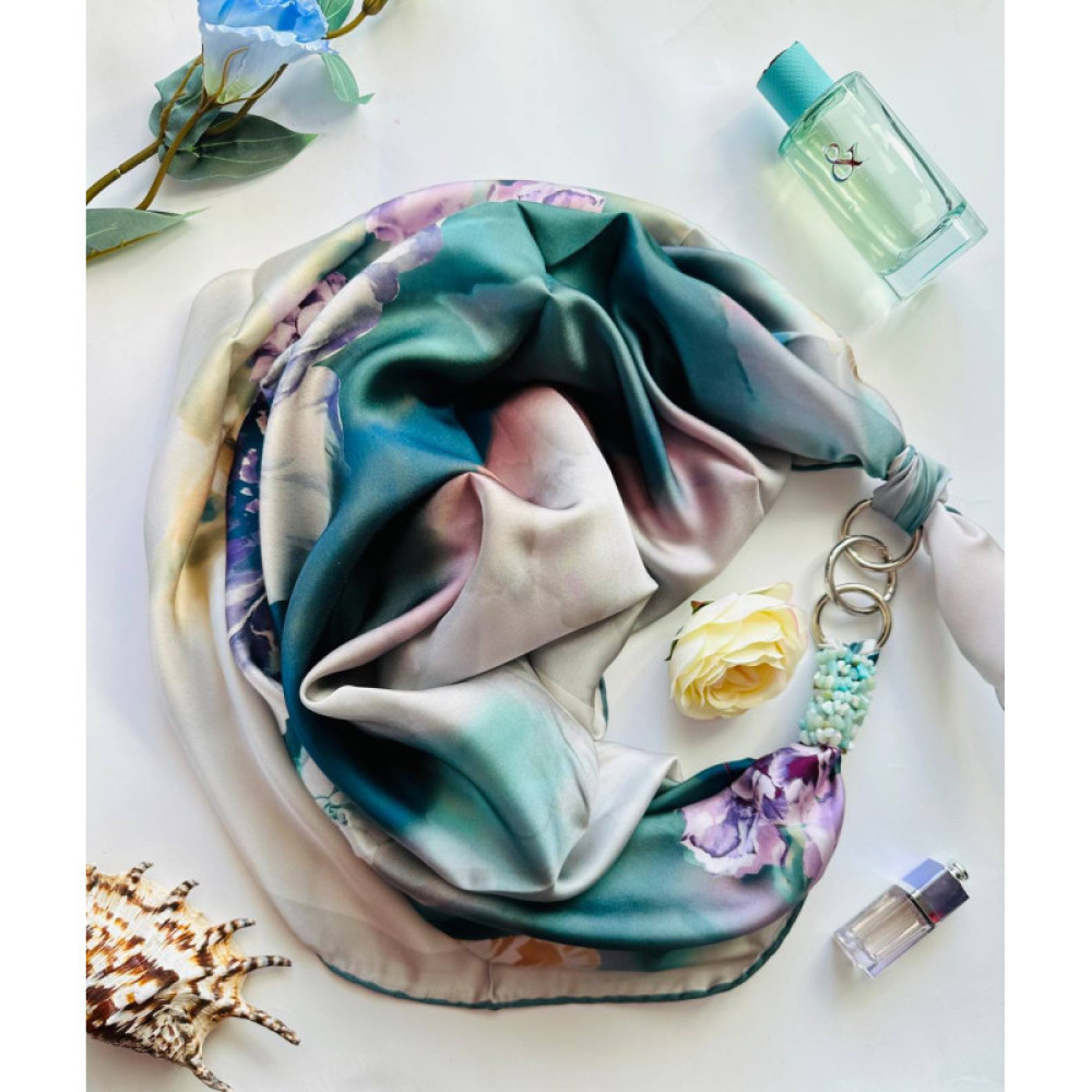 Дизайнерська шовкова хустка My Scarf "Бірюзовий риф" 90 на 90 см  з каменем амазоніт