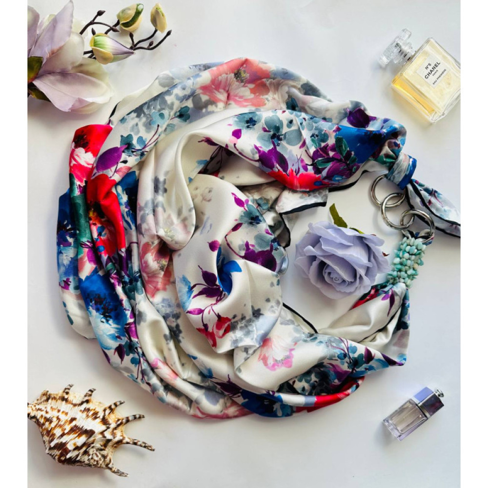 Дизайнерська шовкова хустка My Scarf "Весняний сад" 90 на 90 см  з каменем амазоніт