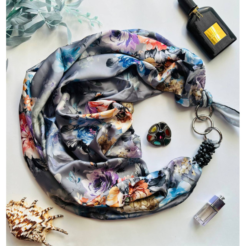 Дизайнерська шовкова хустка My Scarf "Срібна казка" 90 на 90 см з натуральним сніжним обсидіаном