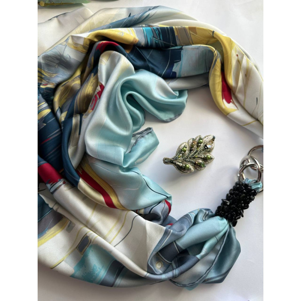 Дизайнерська шовкова хустка My Scarf "Морський бриз" 90 на 90 см прикрашений  натуральним агатом