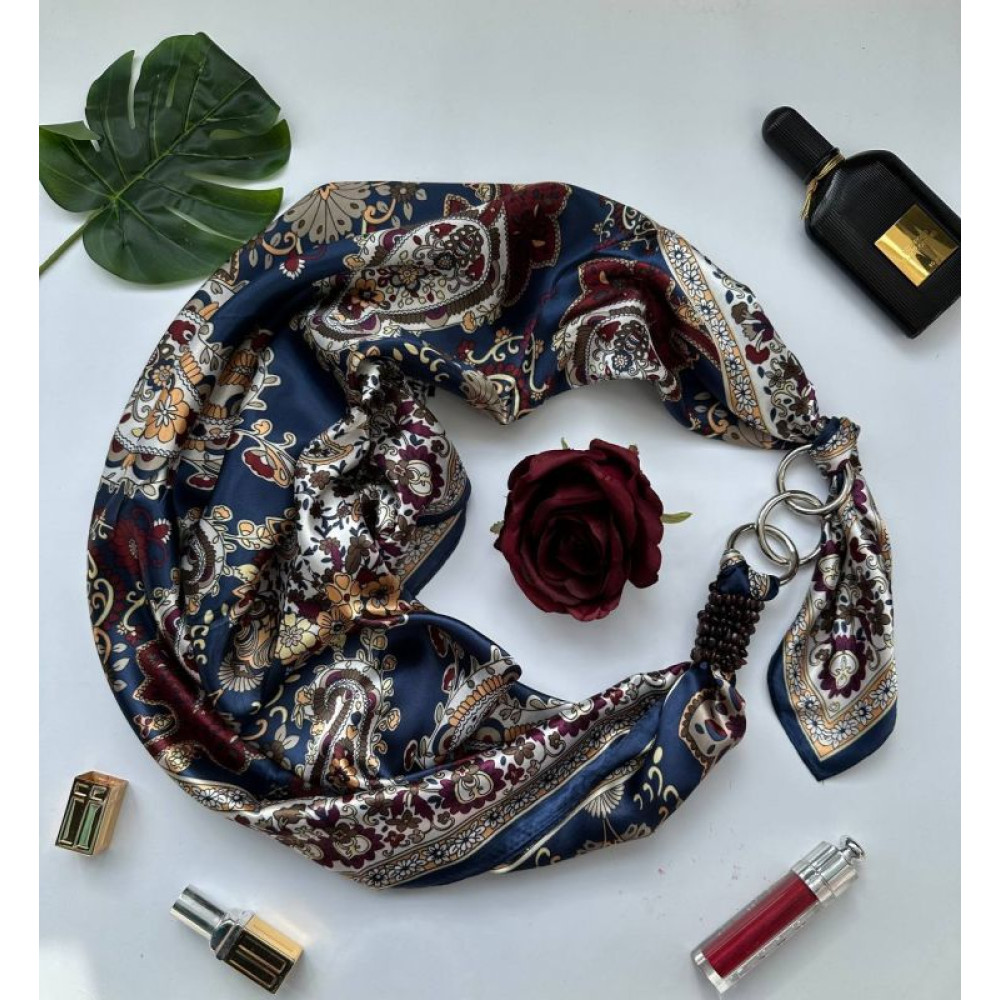 Дизайнерська хустка темно-синя "Сапфіровий блиск" від бренду My Scarf, прикрашена гранатом
