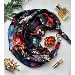 Дизайнерська шовкова хустка My Scarf "Українська ніч" 90 на 90 см, Преміу ВІП колекція, прикрашена коралом