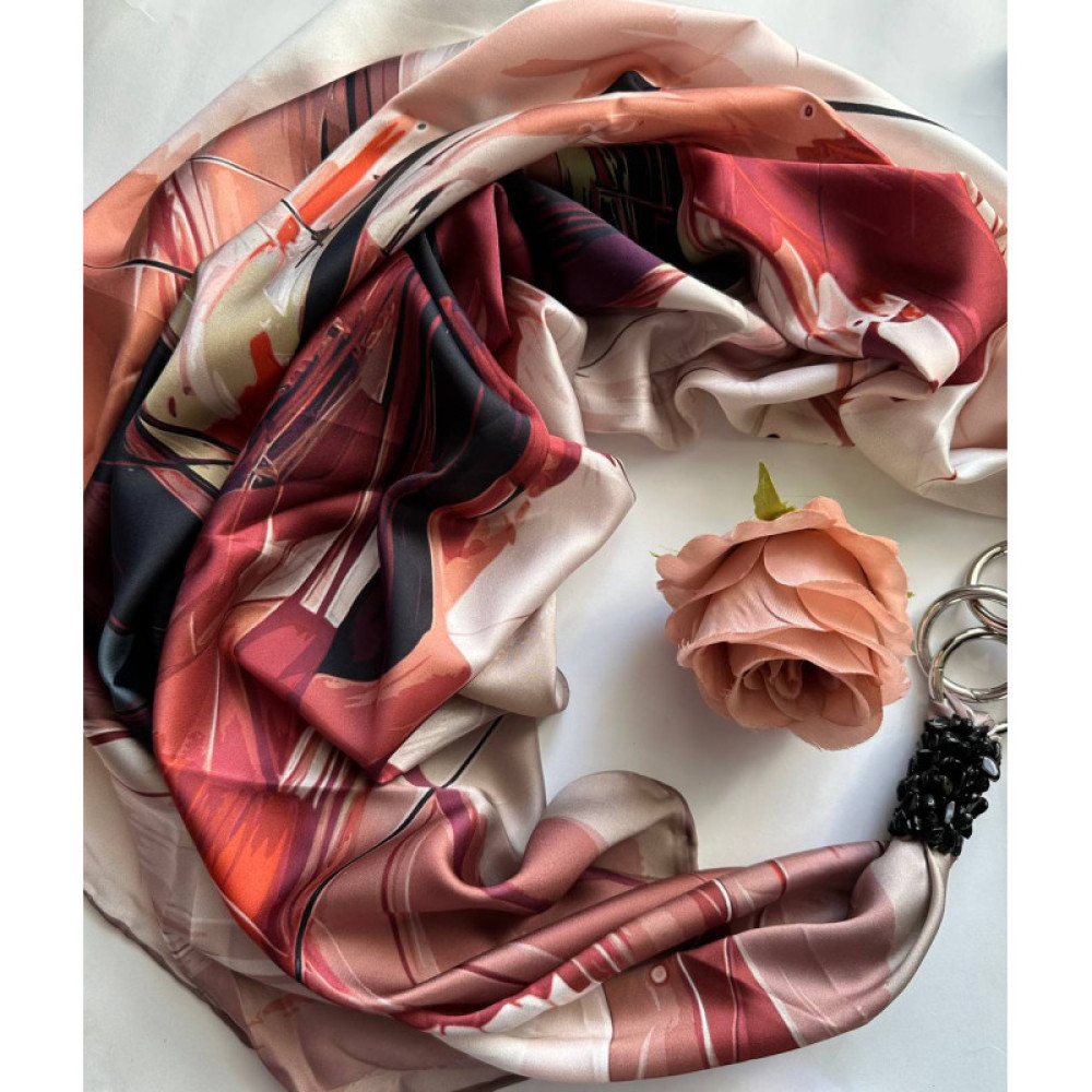 Дизайнерська шовкова хустка My Scarf "Шоколадна пристрасть" 90 на 90 см прикрашений  натуральним агатом