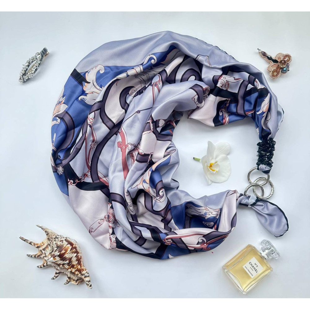 Дизайнерська шовкова хустка My Scarf "Блакитна квітка" на 90 см з каменем бірюза