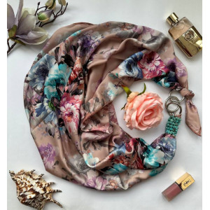 Дизайнерська шовкова хустка My Scarf "Рожева капучино" 90 на 90 см прикрашена натуральним каменем бірюза, 90 на 90 см