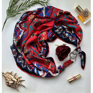 Дизайнерська шовкова хустка My Scarf "Гра пристрасті" 90 на 90 см прикрашена натуральним коралом