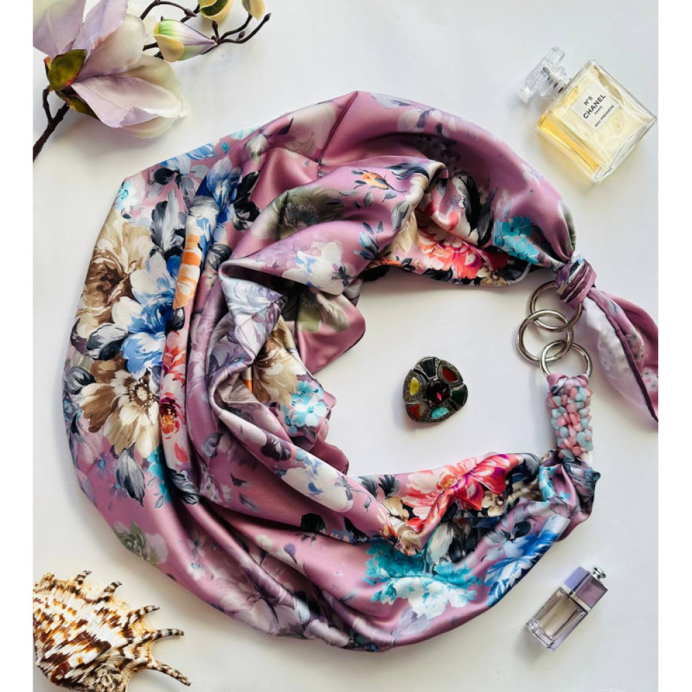 Дизайнерська шовкова хустка My Scarf "Рожева перлина" 90 на 90 см  з каменем рожевий кварц і амазоніт